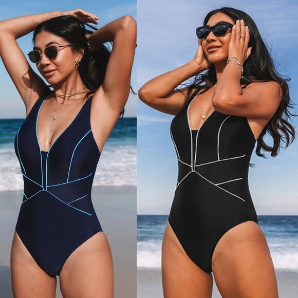 NWT Cupshe Monochrome Plunging One Piece Swimsuit Beach Surf Paddle BUNDLE Sz L - Picture 1 of 8